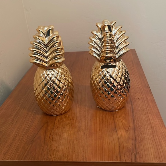 Fab NY : Two (2) Gold Ceramic Pineapple Coin Bank (8in) - Picture 1 of 2